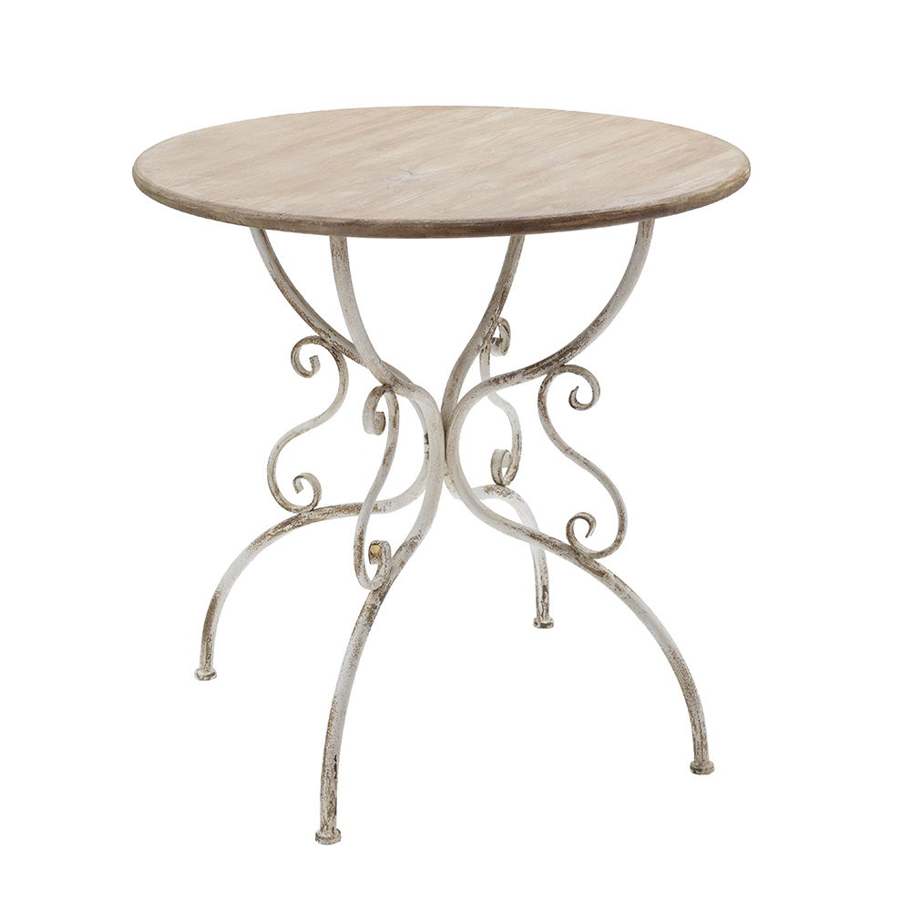 Round Wooden Table With Metal Scrollwork Legs - White