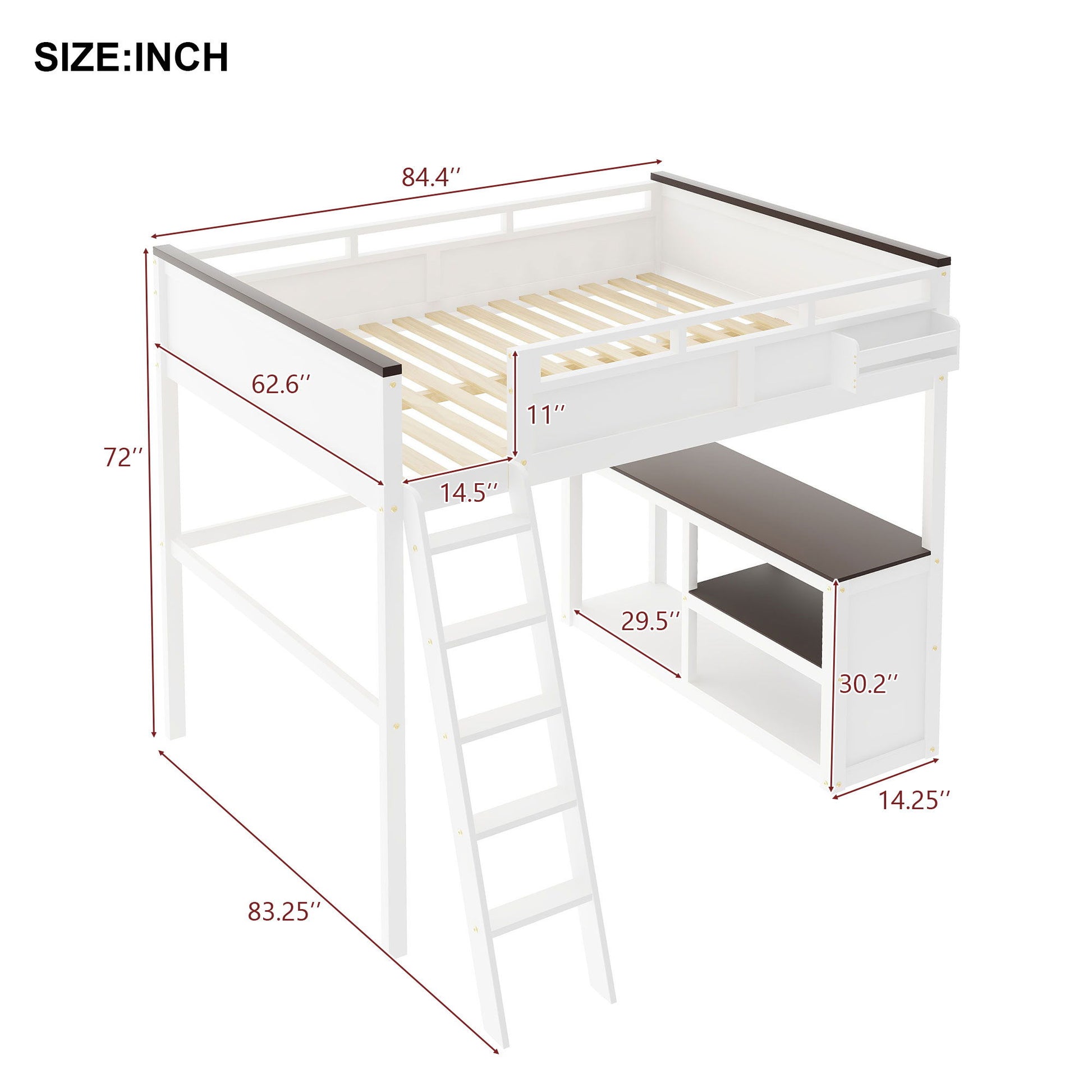 Queen Size Loft Bed With Desk, Open Shelf, Storage Box And USB Charging Station - White