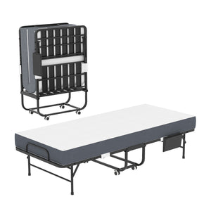Twin Folding Bed With Memory Foam Mattress, Space Saving Rollaway Guest, On Wheels, Portable For Adults & Guests - Black