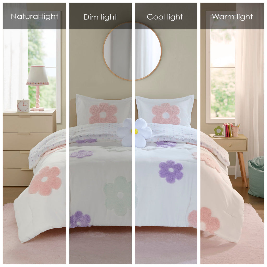 Gracie - Floral Reversible Tufted Chenille Comforter Set With Flower Throw Pillow - White / Purple