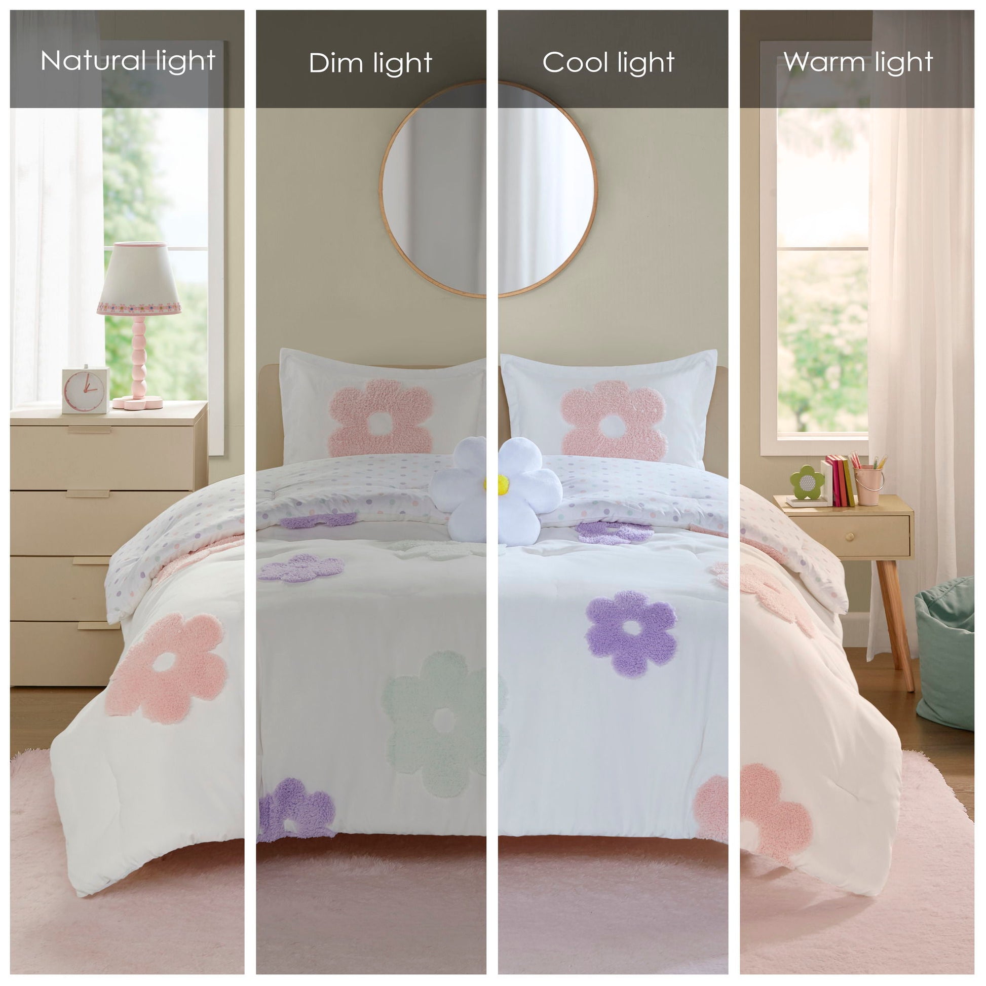 Gracie - Floral Reversible Tufted Chenille Comforter Set With Flower Throw Pillow - White / Purple