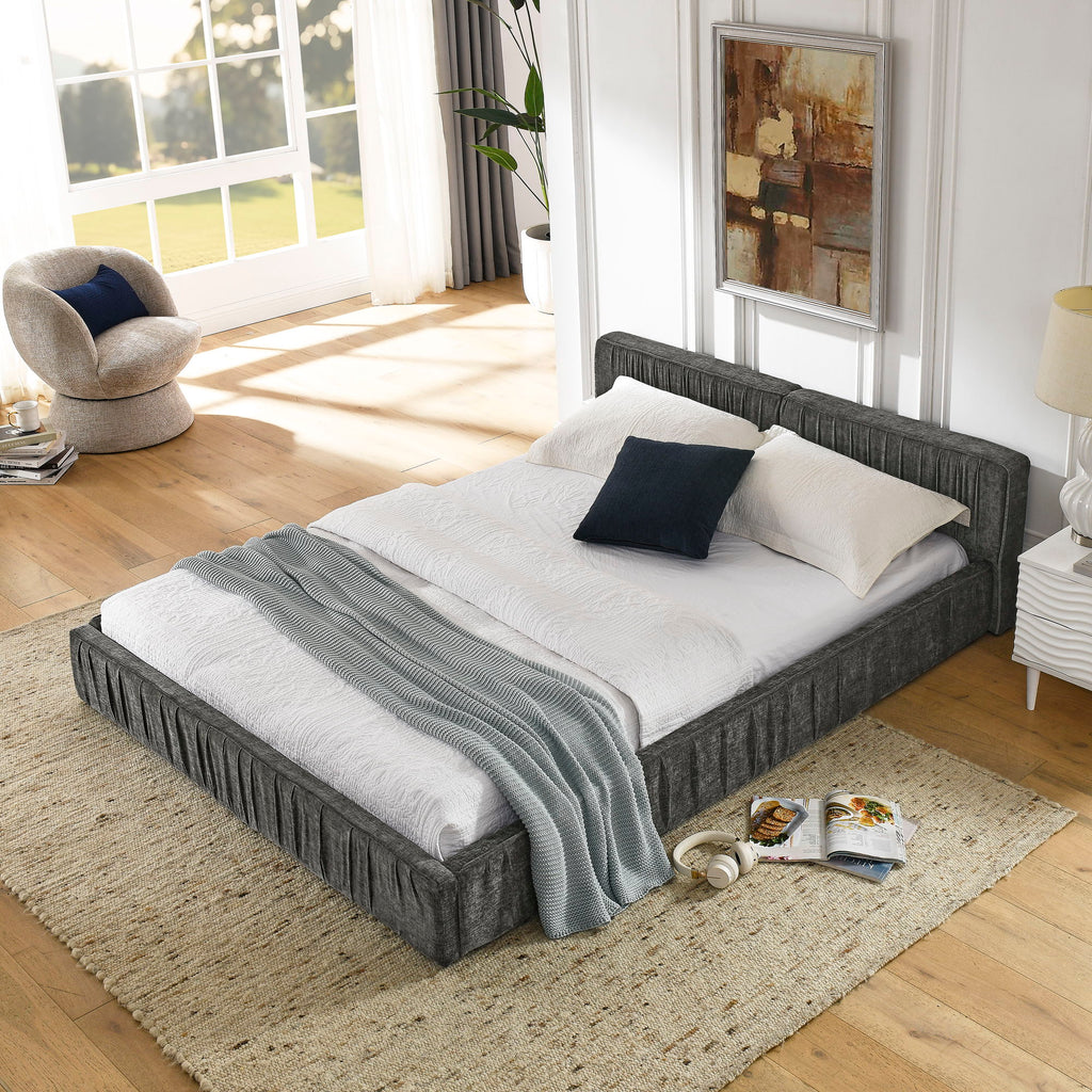 Modern Upholstered Platform Bed Frame With Pleated Design