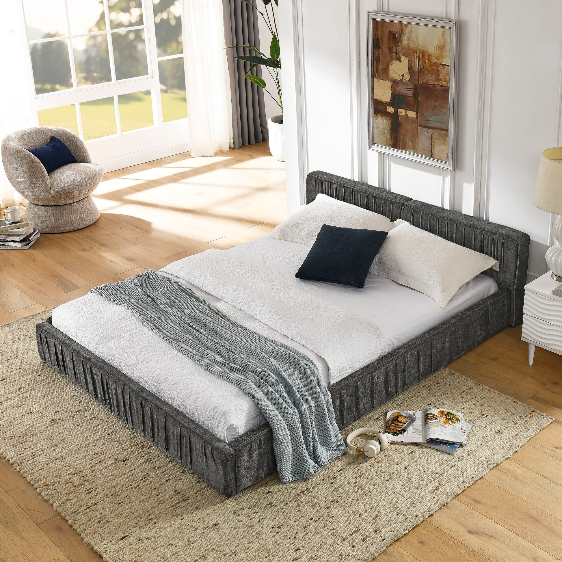 Modern Upholstered Platform Bed Frame With Pleated Design