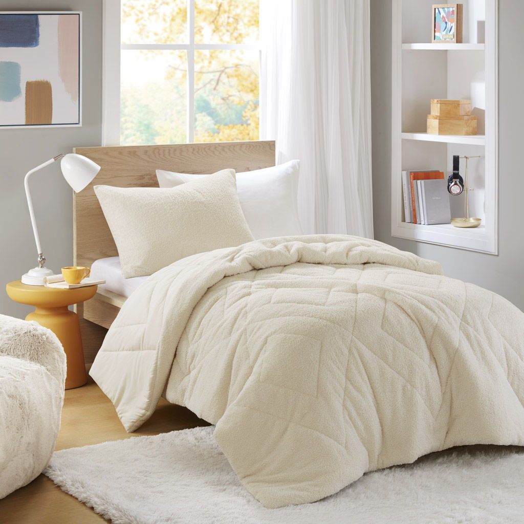 Kyla - Twin/Twin Long Double Diamond Quilted Teddy Comforter Set - Ivory