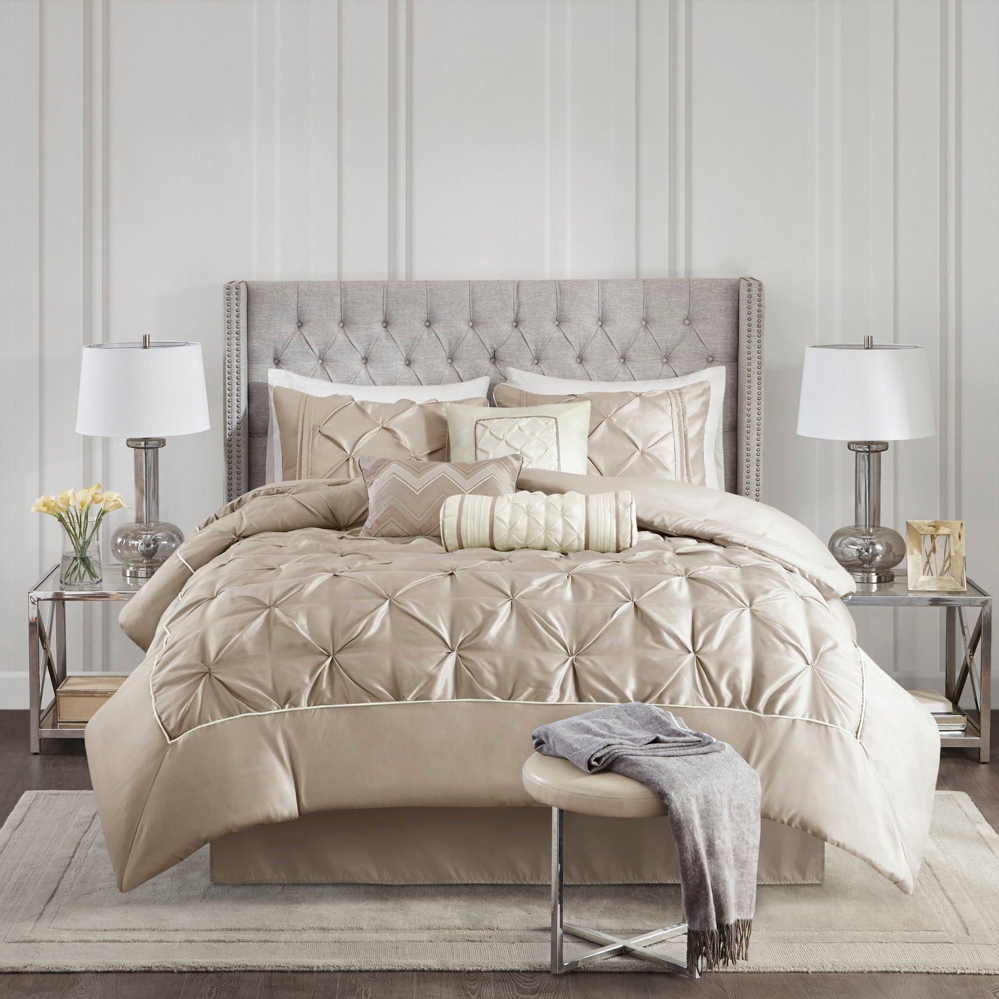 Laurel - Queen Pieced Pleated 7 Piece Tufted Comforter Set - Taupe
