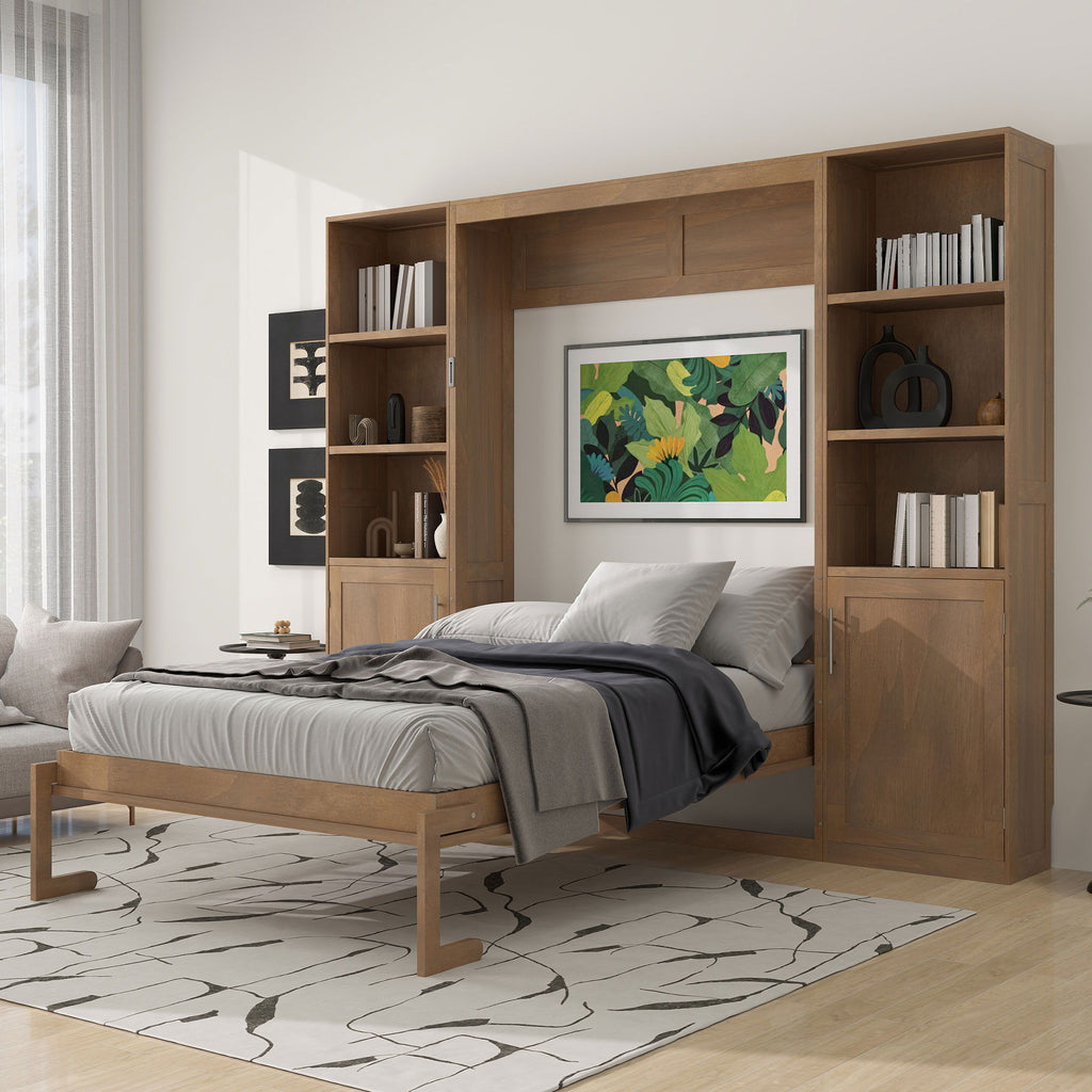 Queen Size Murphy Bed With Storage Shelves And Cabinets - Wood