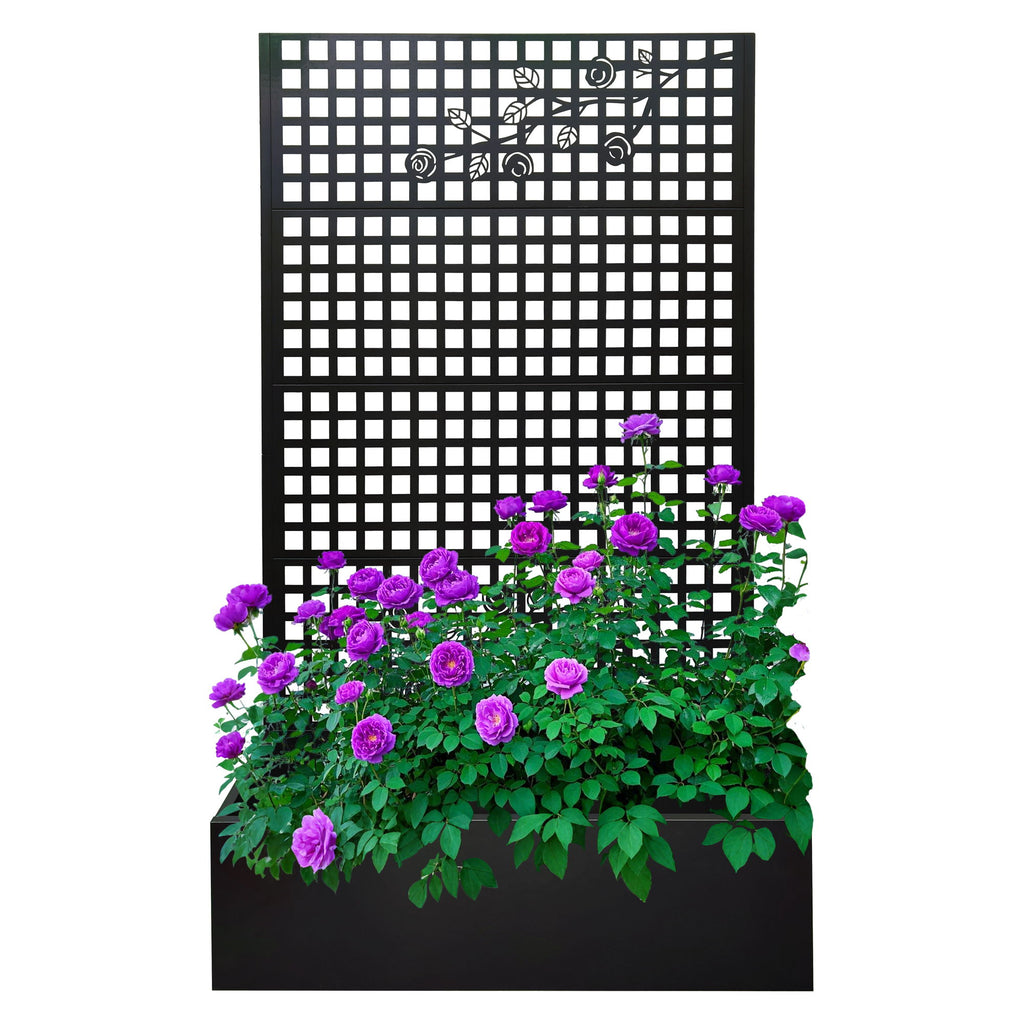 Planter Box With Trellis, Outdoor Raised Garden Bed With Privacy Screen Lattice Panels For Patio - Black
