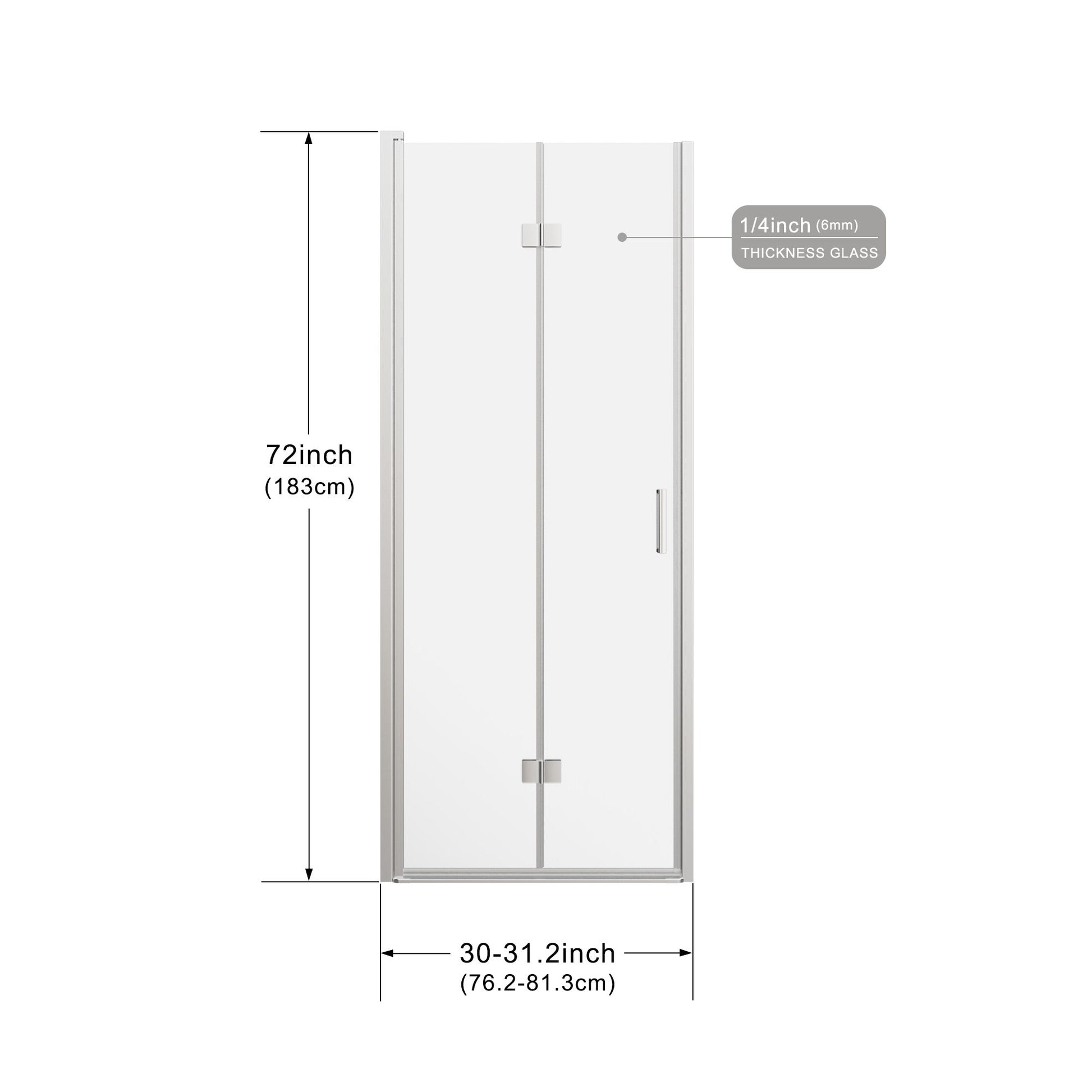Frameless Bi Fold Shower Doors 30" W X 72" H - Chrome
