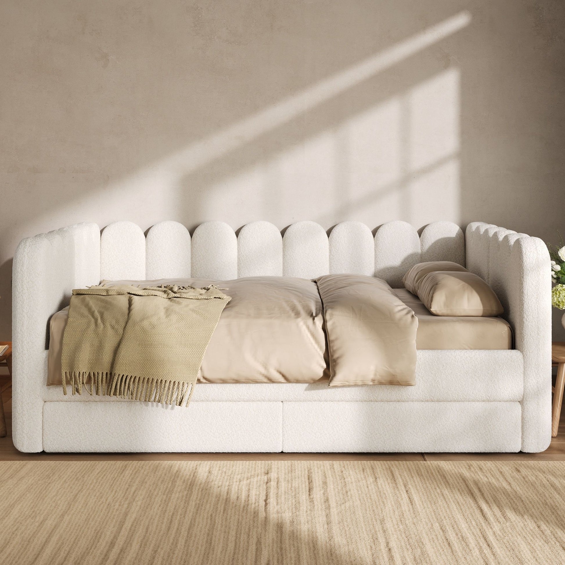 Upholstered Daybed With Curved Ribbed Panel Design
