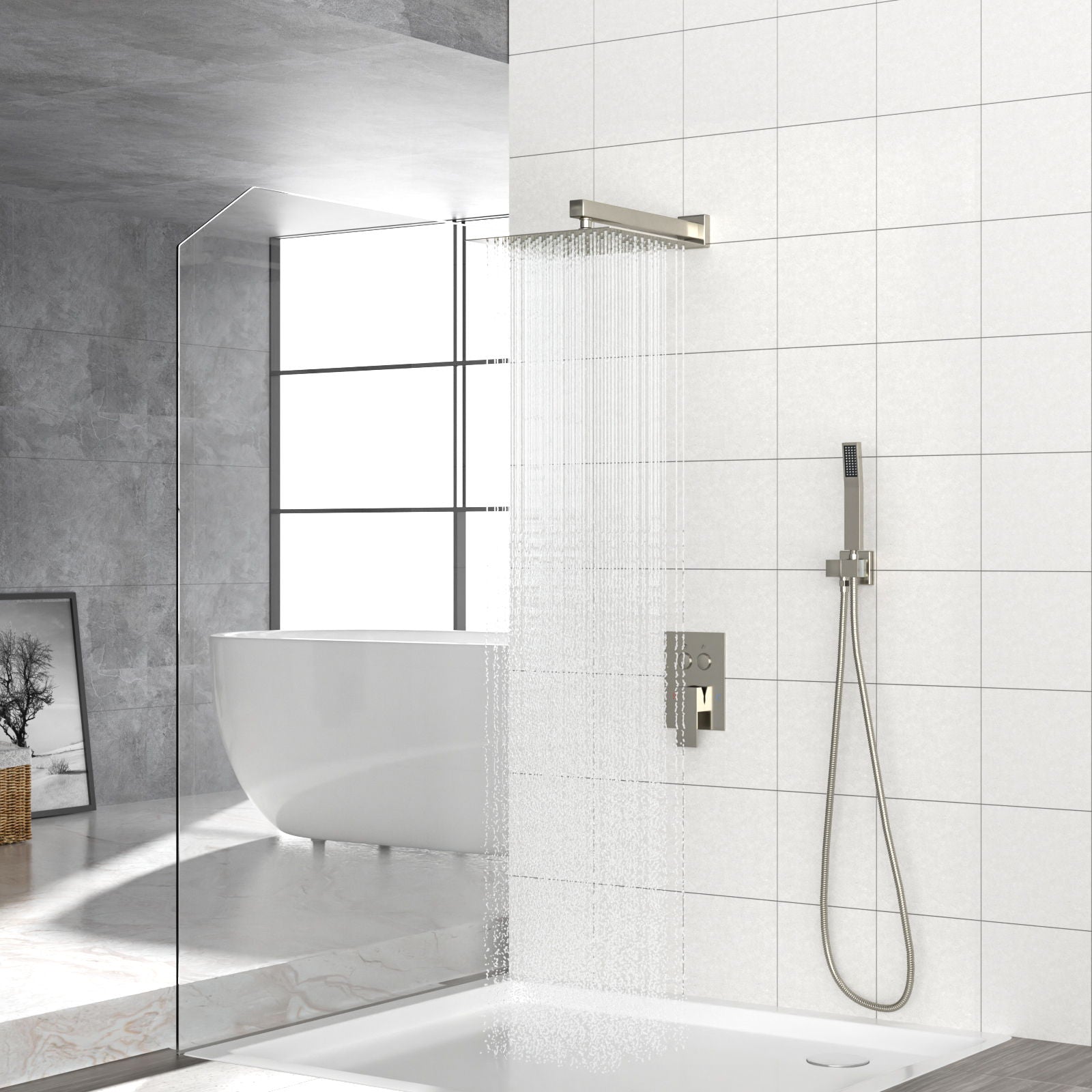 Dual Shower Head System With Square Rain Shower And Rough In Valve