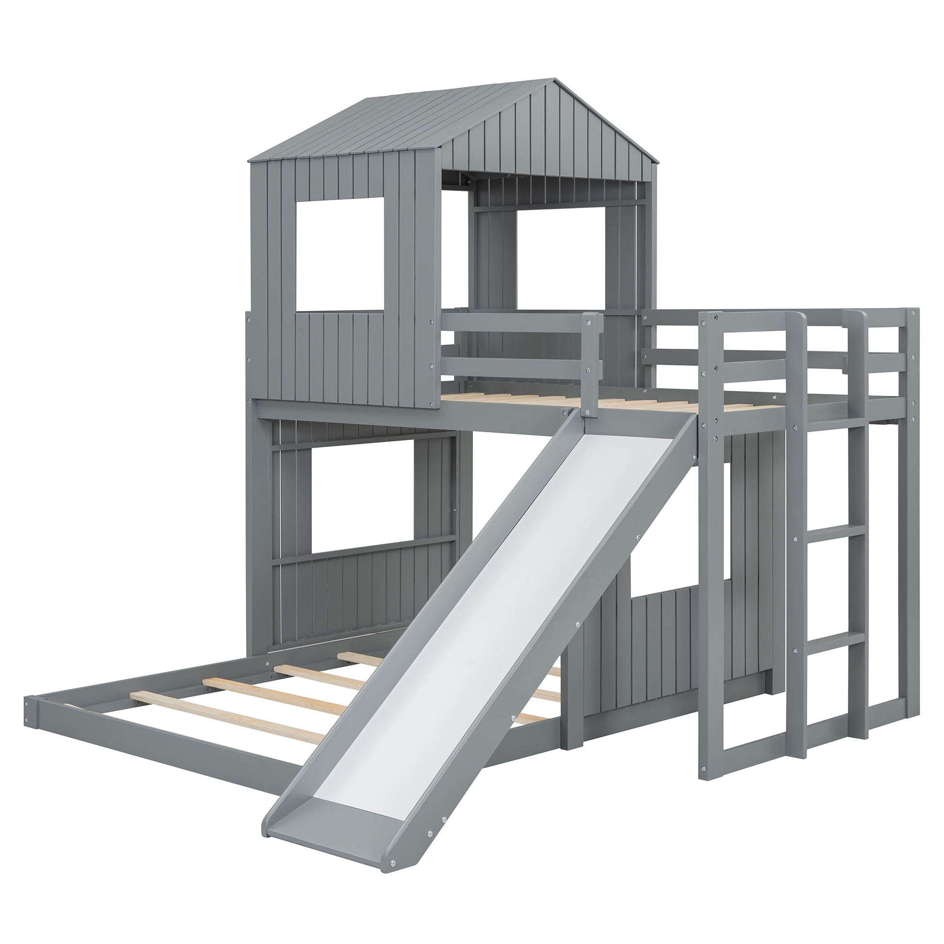 Loft Bunk Bed With Playhouse, Farmhouse, Ladder, Slide And Guardrails