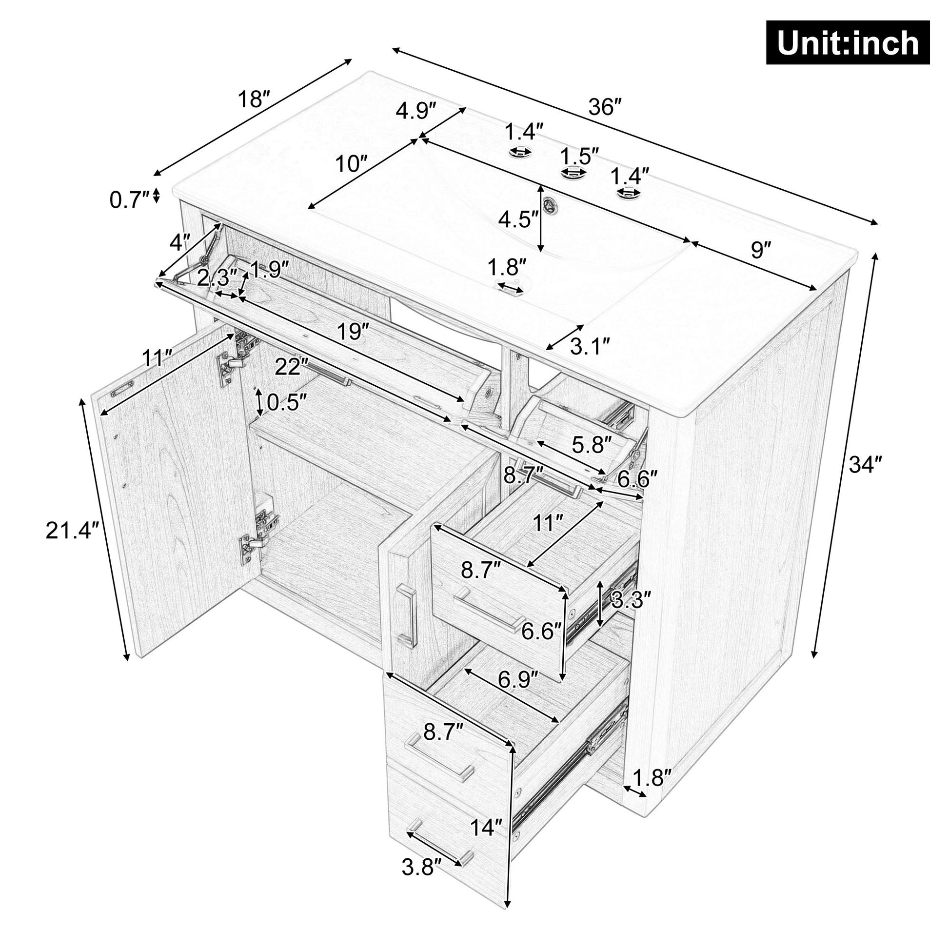 Bathroom Vanity & Sink, Soft Close Doors & Drawers - Wood