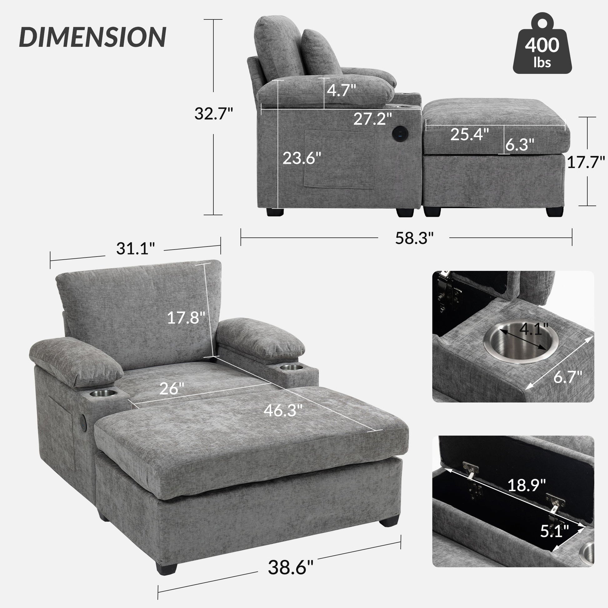 Modern Oversized Chair With Ottoman, Cupholders And USB Charging Ports