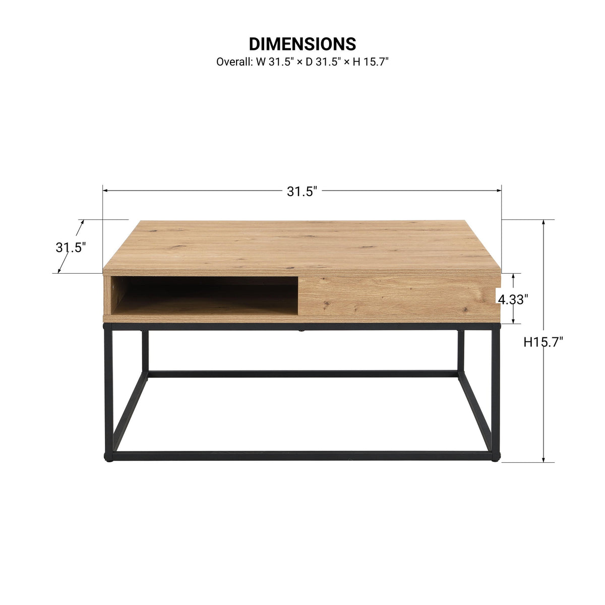 Hudson - Square Coffee Table With Open Storage Shelf - Black / Natural / Rustic / Oak