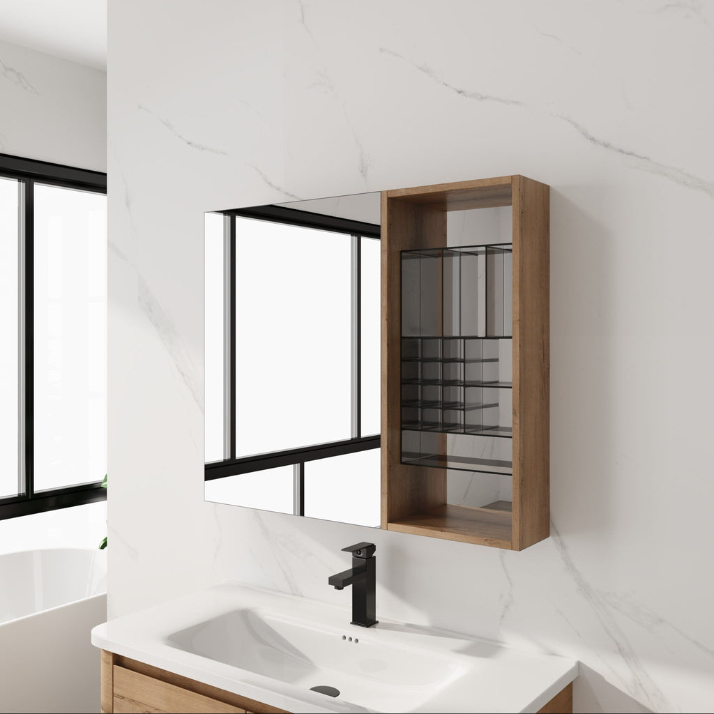 Wall Mounted Bathroom Mirror Cabinet With Adjustable Shelves - Imitative Oak