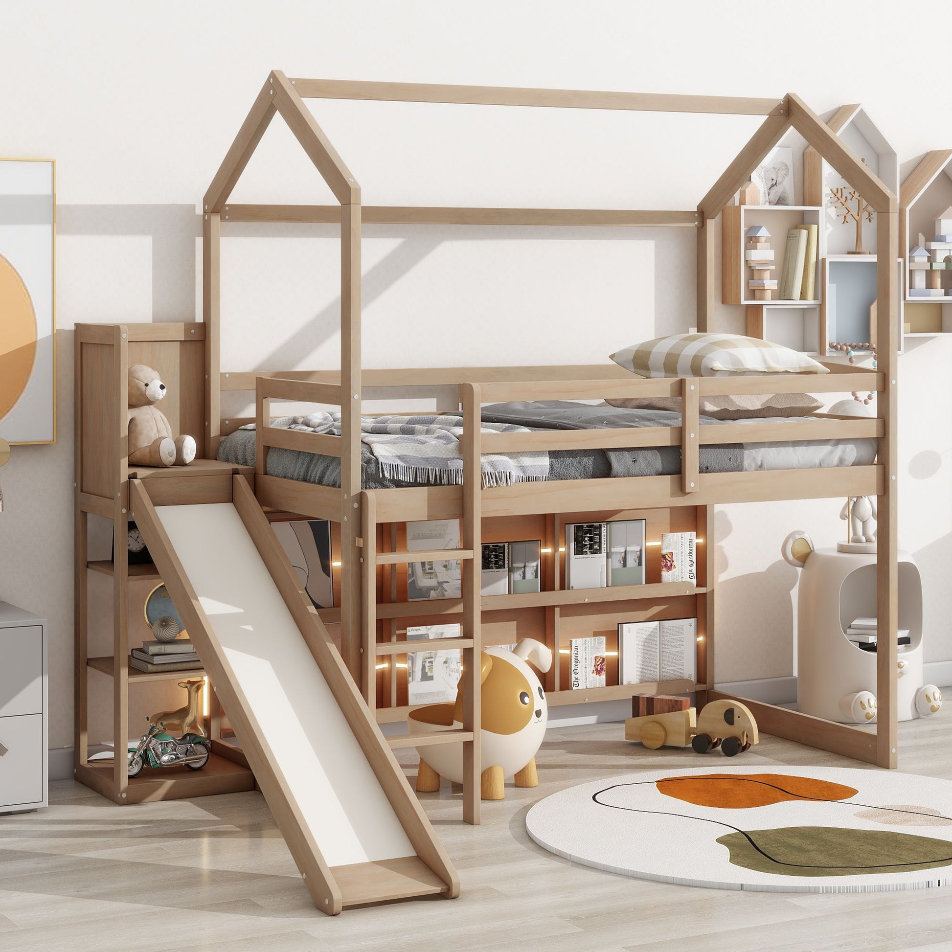 House Loft Bed With Slide, Storage Shelves And Light, Climbing Ramp