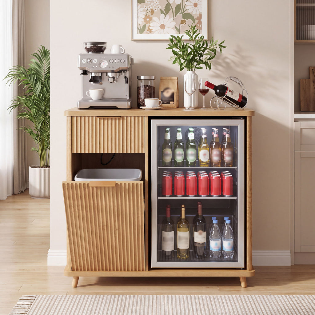 Fluted Coffee Bar Cabinet With Mini Fridge Space & Charging Station - Natural