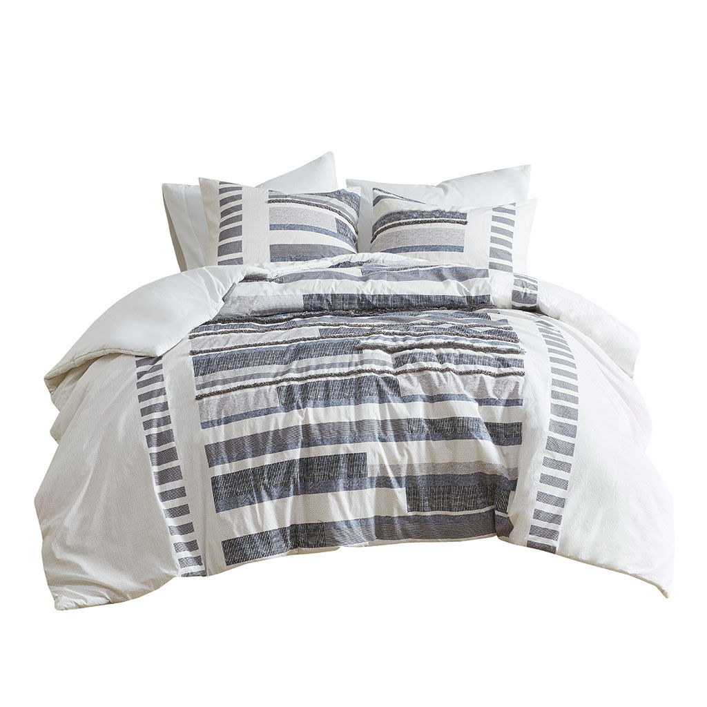 Serena - King 3 Piece Printed Duvet Cover Set With Trims - Navy