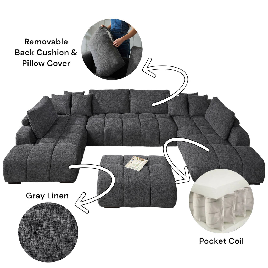 Chosen - Sectional Sofa With Toss Pillows With 2 Chaises With Ottoman - Gray