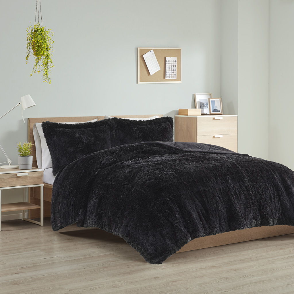 Malea - Shaggy Long Comforter Mini Set - Black