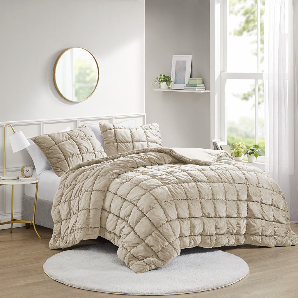 Velvet Dream Puff - 3 Piece Comforter Set - Beige