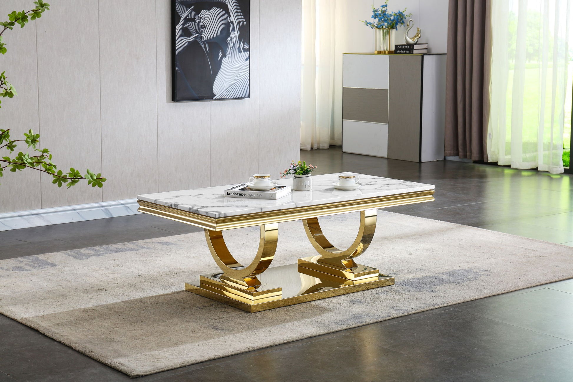 Modern Rectangular Marble Printing Coffee Table, U-Shape Stainless Steel Base With Mirrored Finish