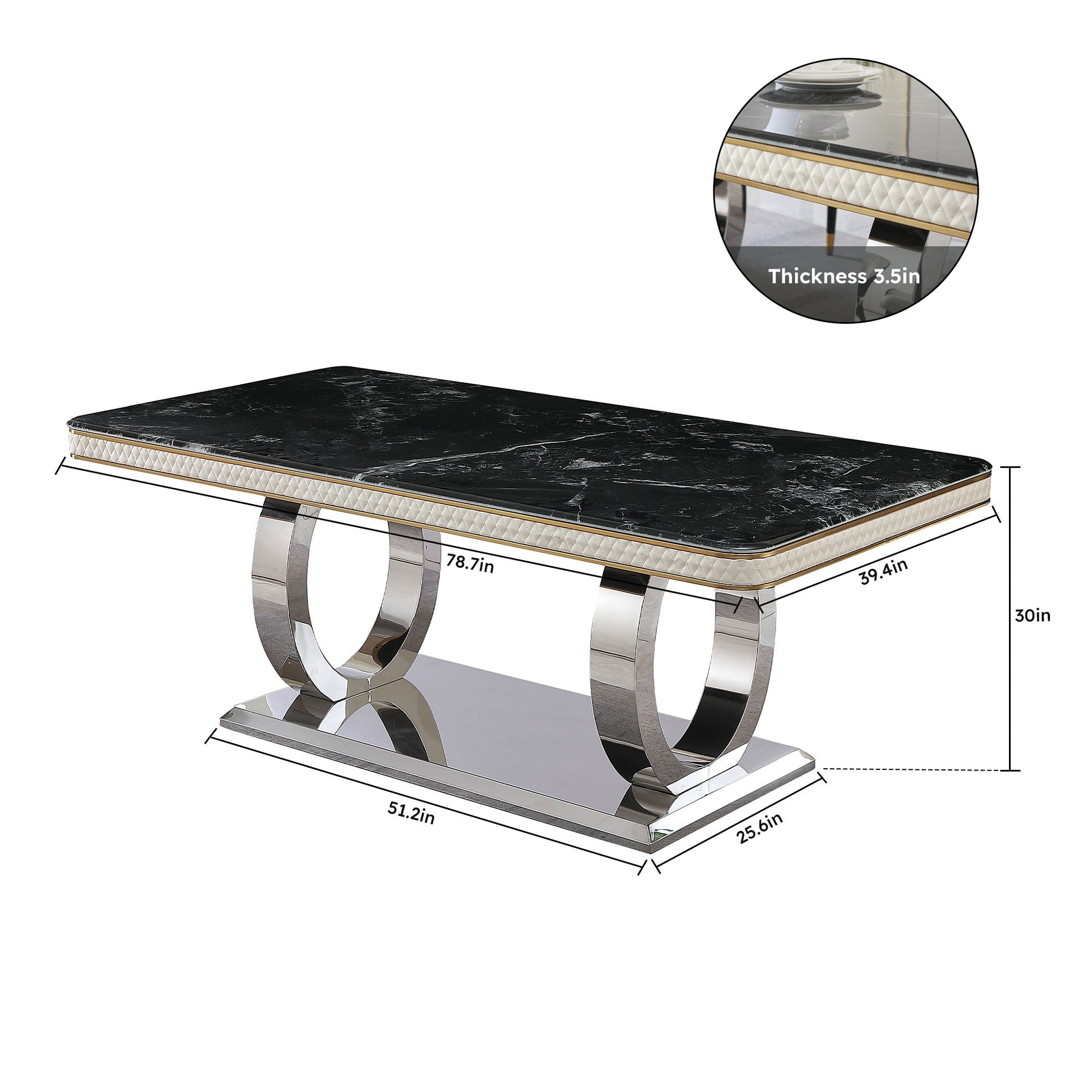 Luxury Modern Dining Table With Faux Marble Top And Dual Circle Base - Black