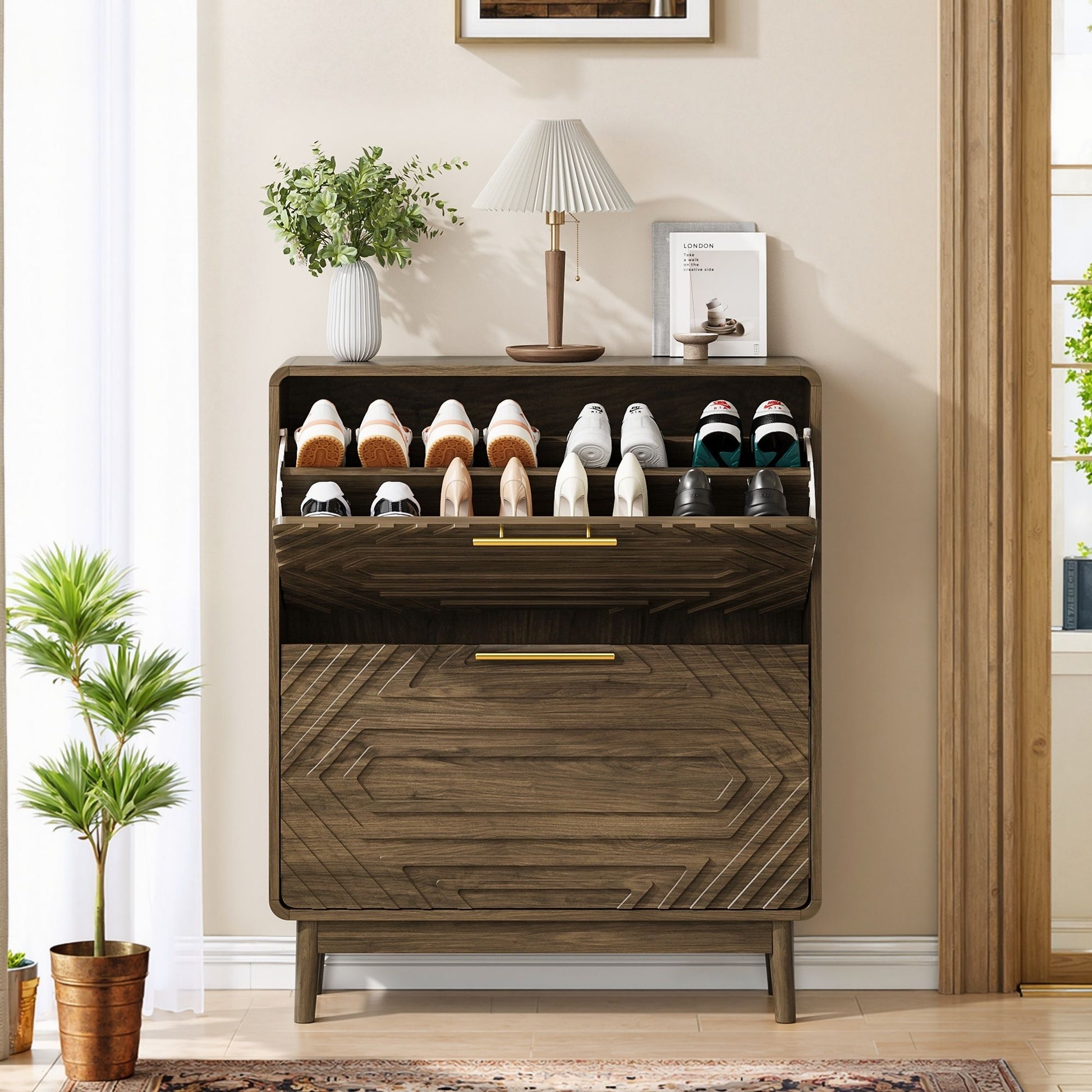 Freestanding Shoe Cabinet With 2 Flip Top Drawers For Entryway - Walnut