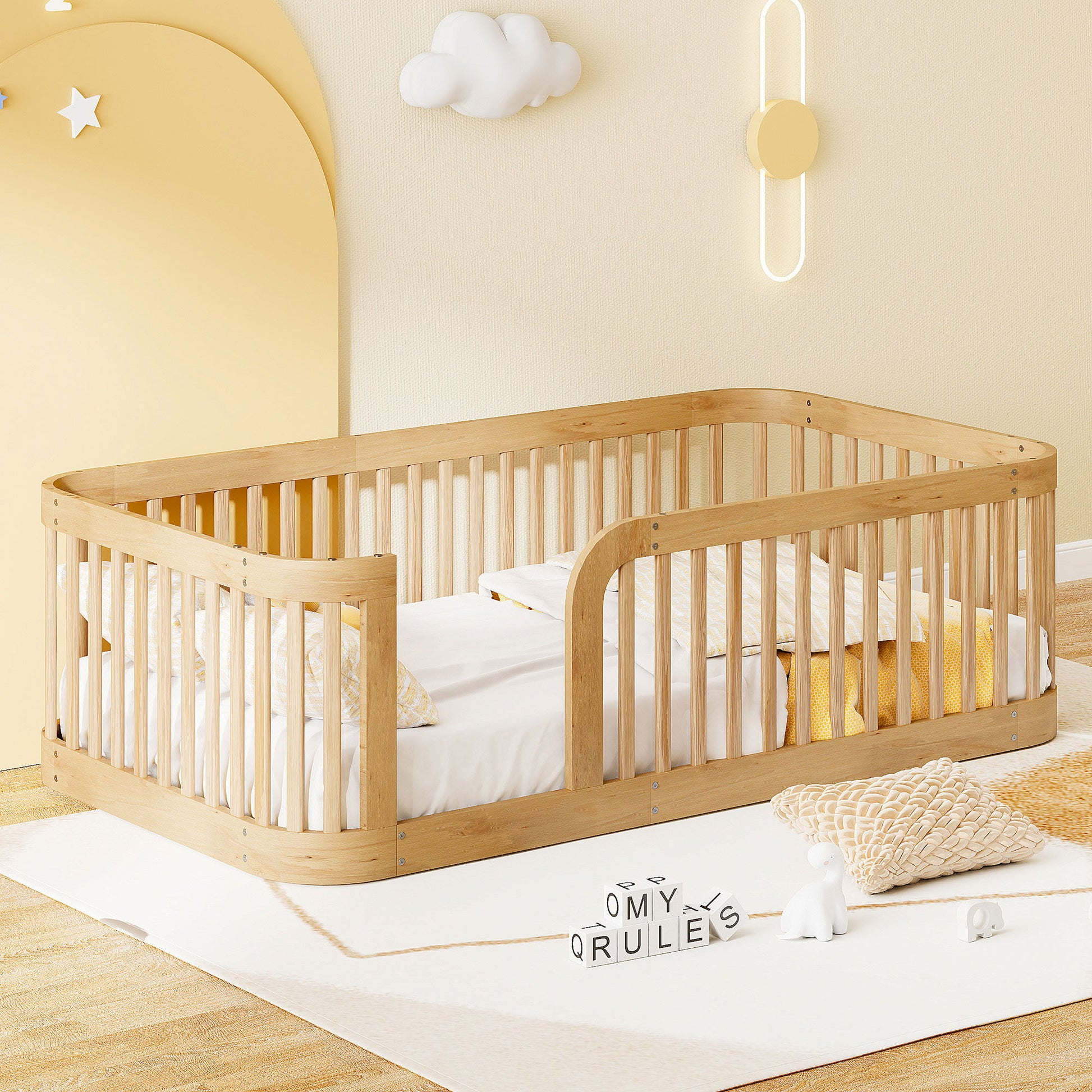 Wood Floor Bed Frame With Fence