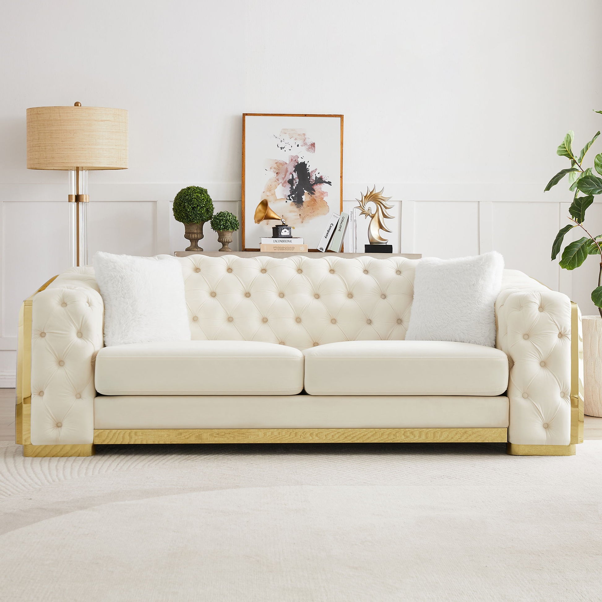 2 Seater Sofa With Button Tufted Diamond Grid & 2 Pillows For Living Room