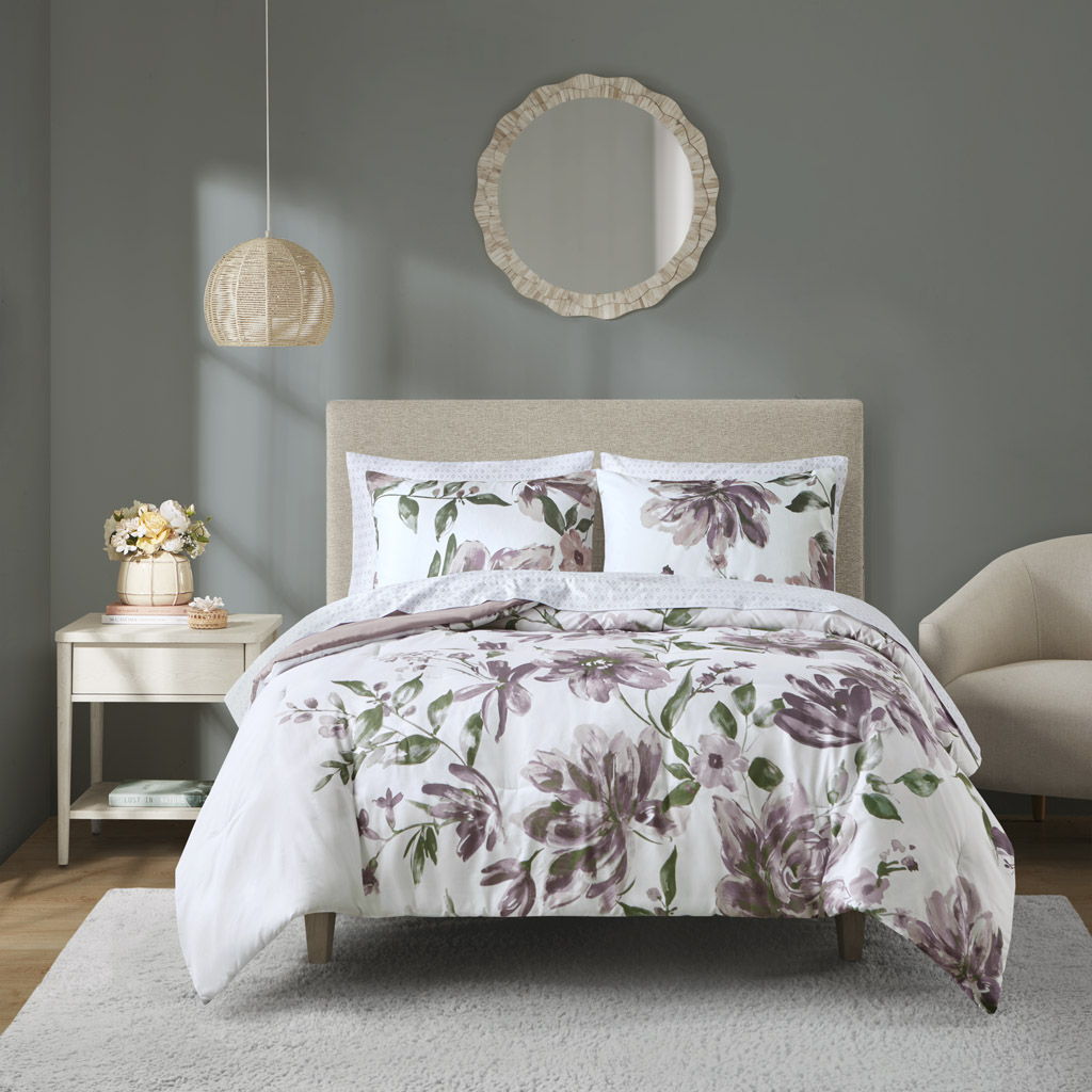 Alice - Twin Floral Comforter Set With Bed Sheets - Mauve