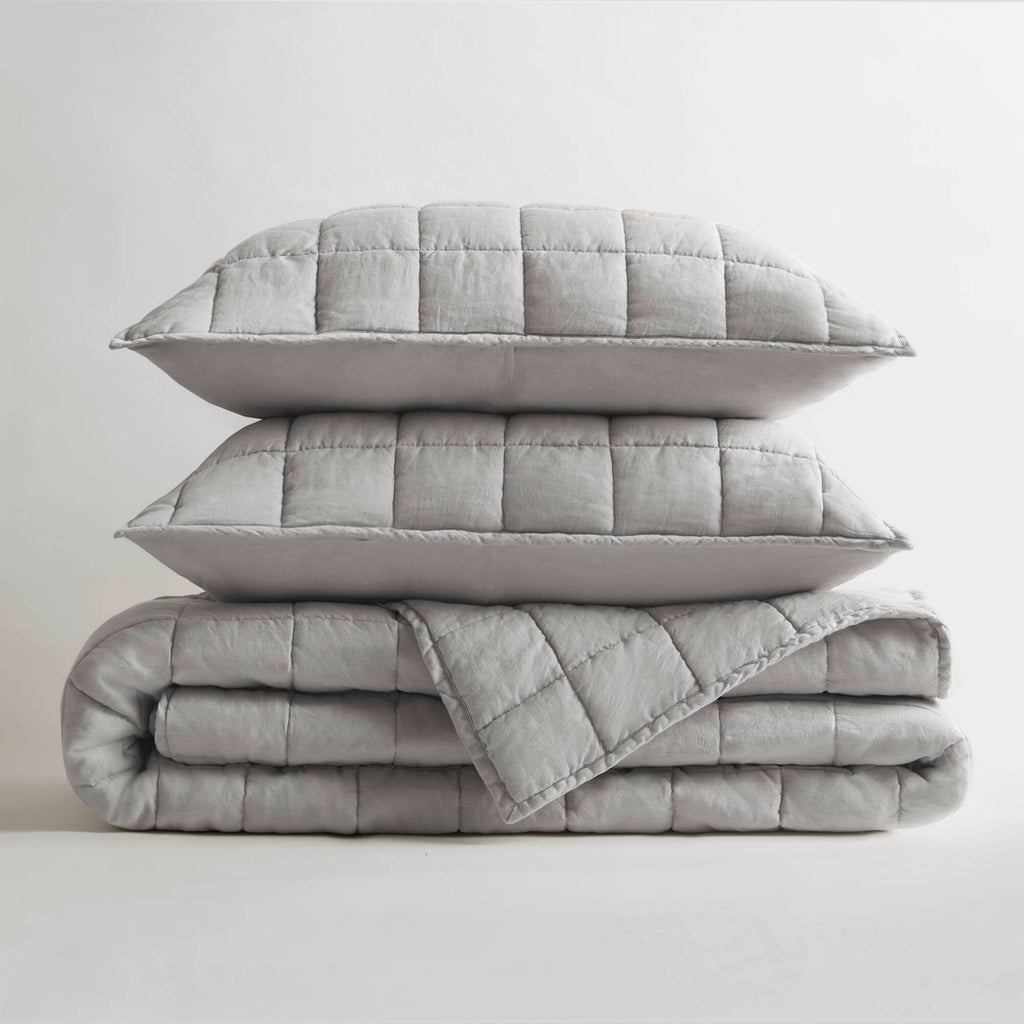100% Linen - King/California King Linen Garment Washed Quilt Set - Gray