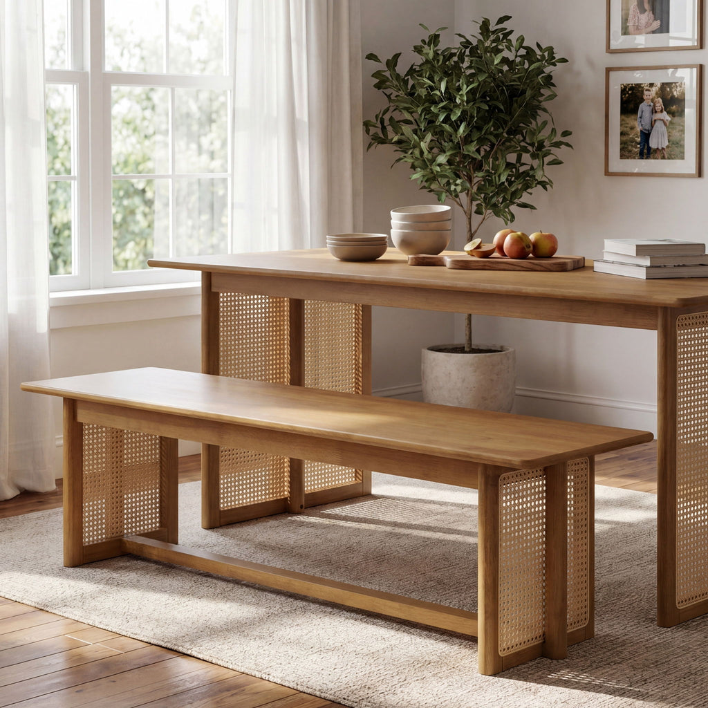 Dining Bench With Rattan Weave