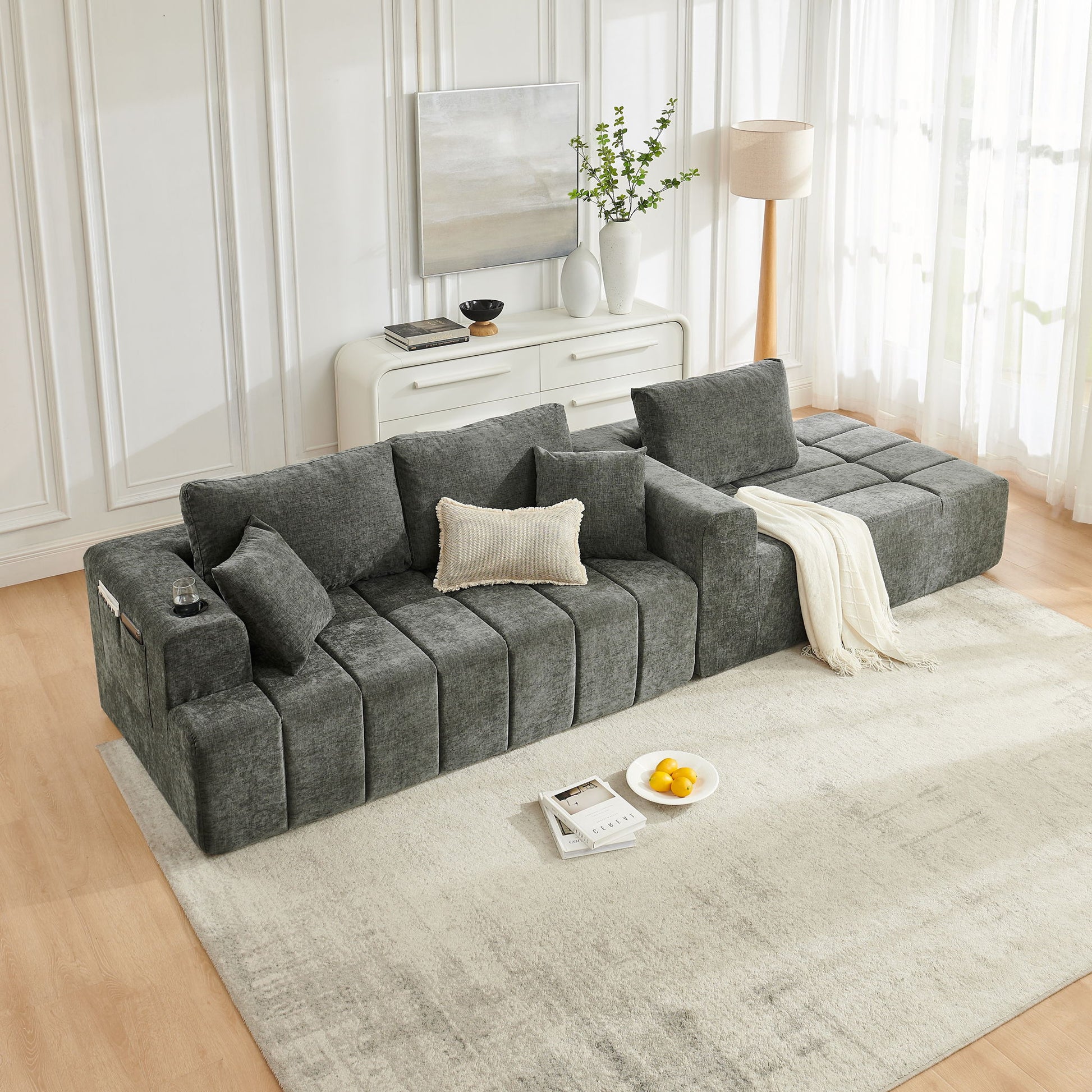 L - Shaped Sectional Sofa With Cup Holders & Side Pockets