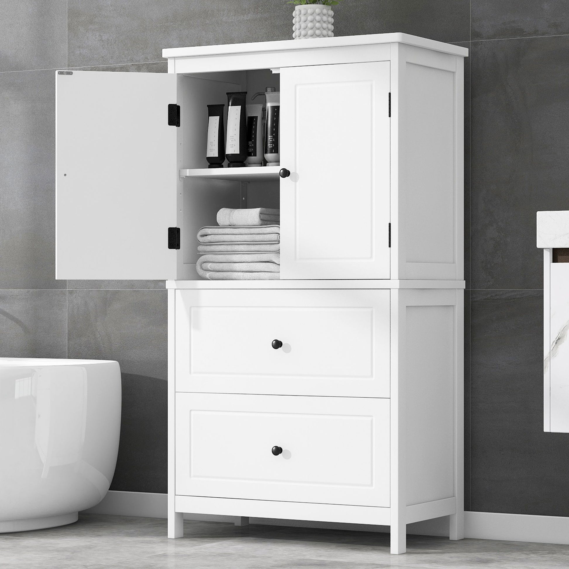 Bathroom Storage Cabinet With 2 Doors And Drawers, Adjustable Shelf