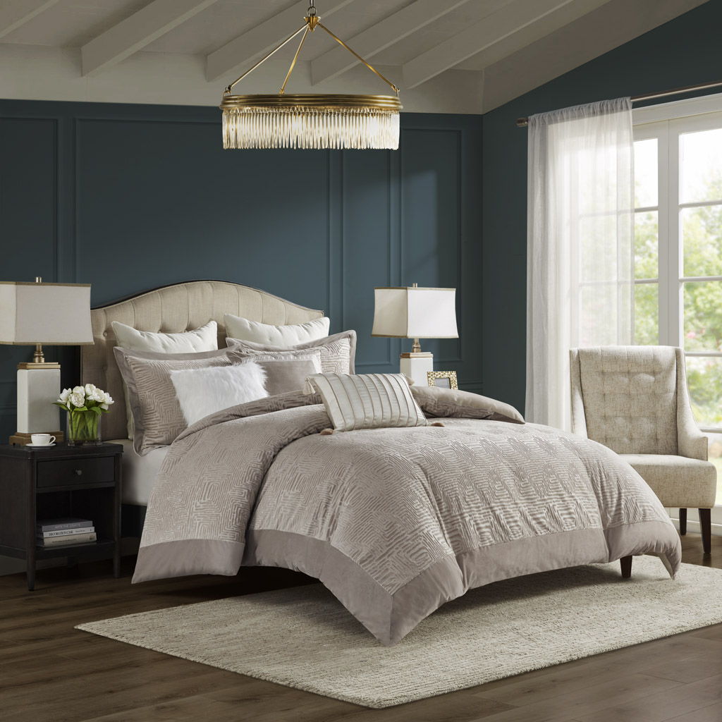 Pescal - Queen Velvet Comforter Set With Euro Shams and Throw Pillows - Beige