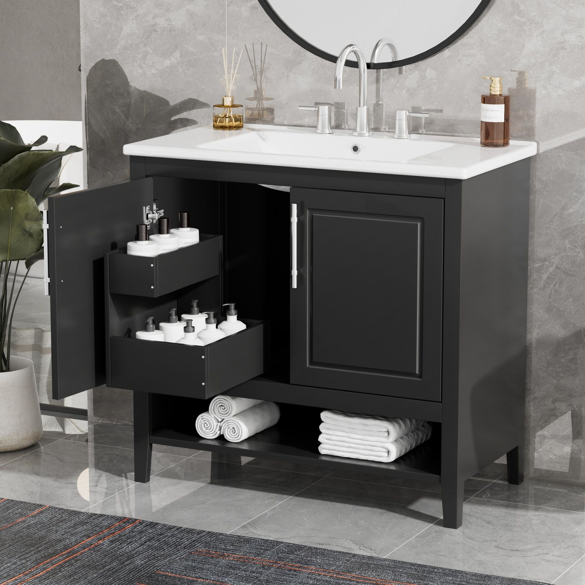 36" Bathroom Vanity With Sink, Frame Cabinet With Doors And Drawers - Black