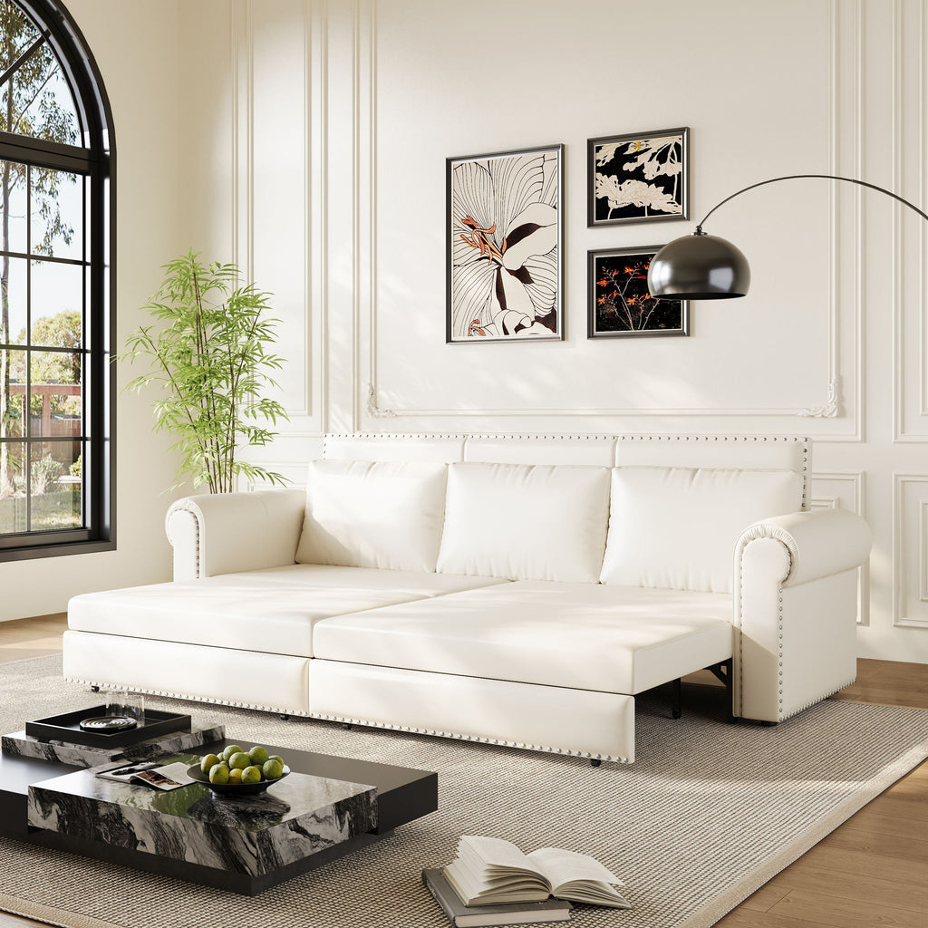 3 In 1 Convertible Sleeper Sofa With Nailhead Trim & Rolled Arm