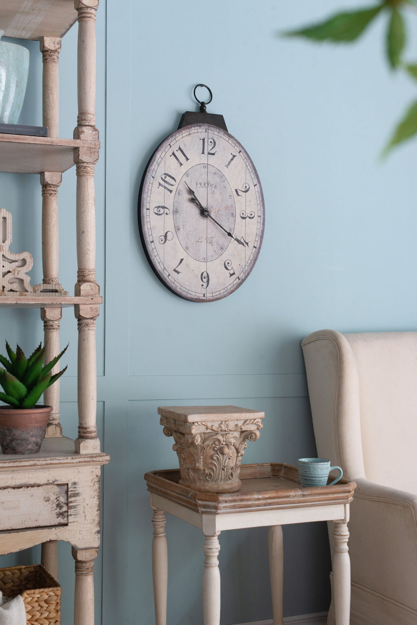 Antique Oval Wall Clock, Traditional Vintage Home Decor Clock - Ivory