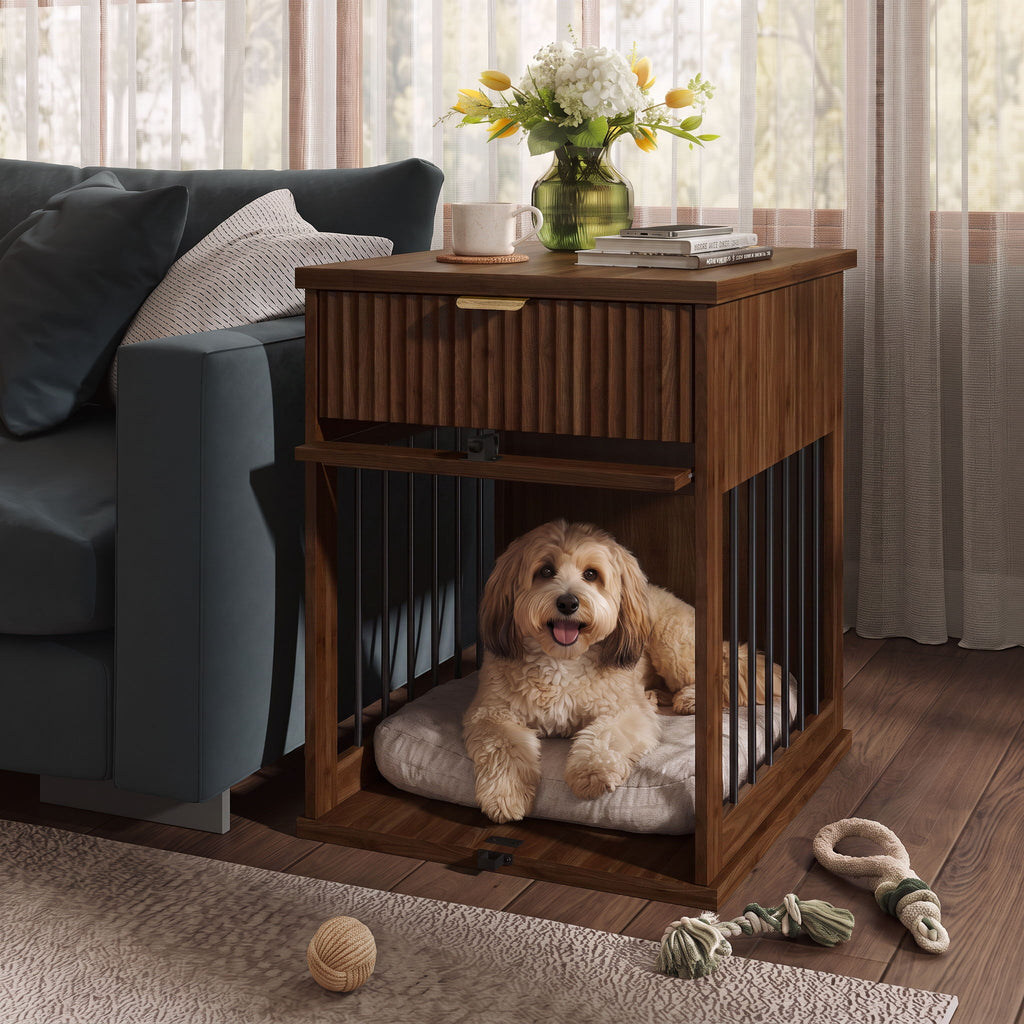 Dog Crate End Table With Charging Station - Antique Brown