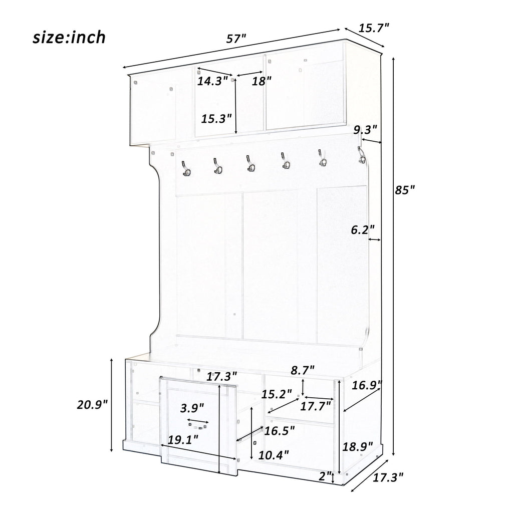 Hall Tree With 6 Hooks, Coat Hanger, Entryway Bench