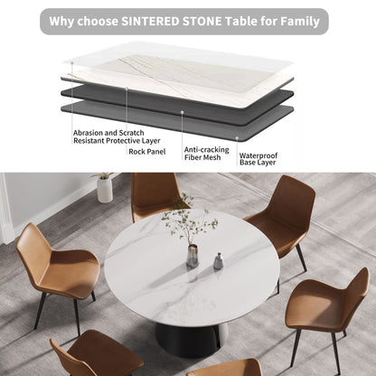 53.15" Modern Artificial Stone Round Carbon Steel Base Dining Table, Can Accommodate 6 People - White / Black