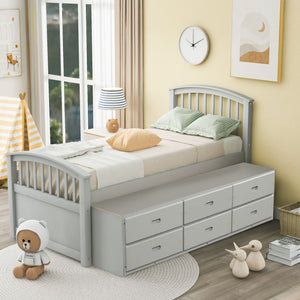 Twin Size Platform Storage Bed Solid Wood Bed With 6 Drawers - Gray