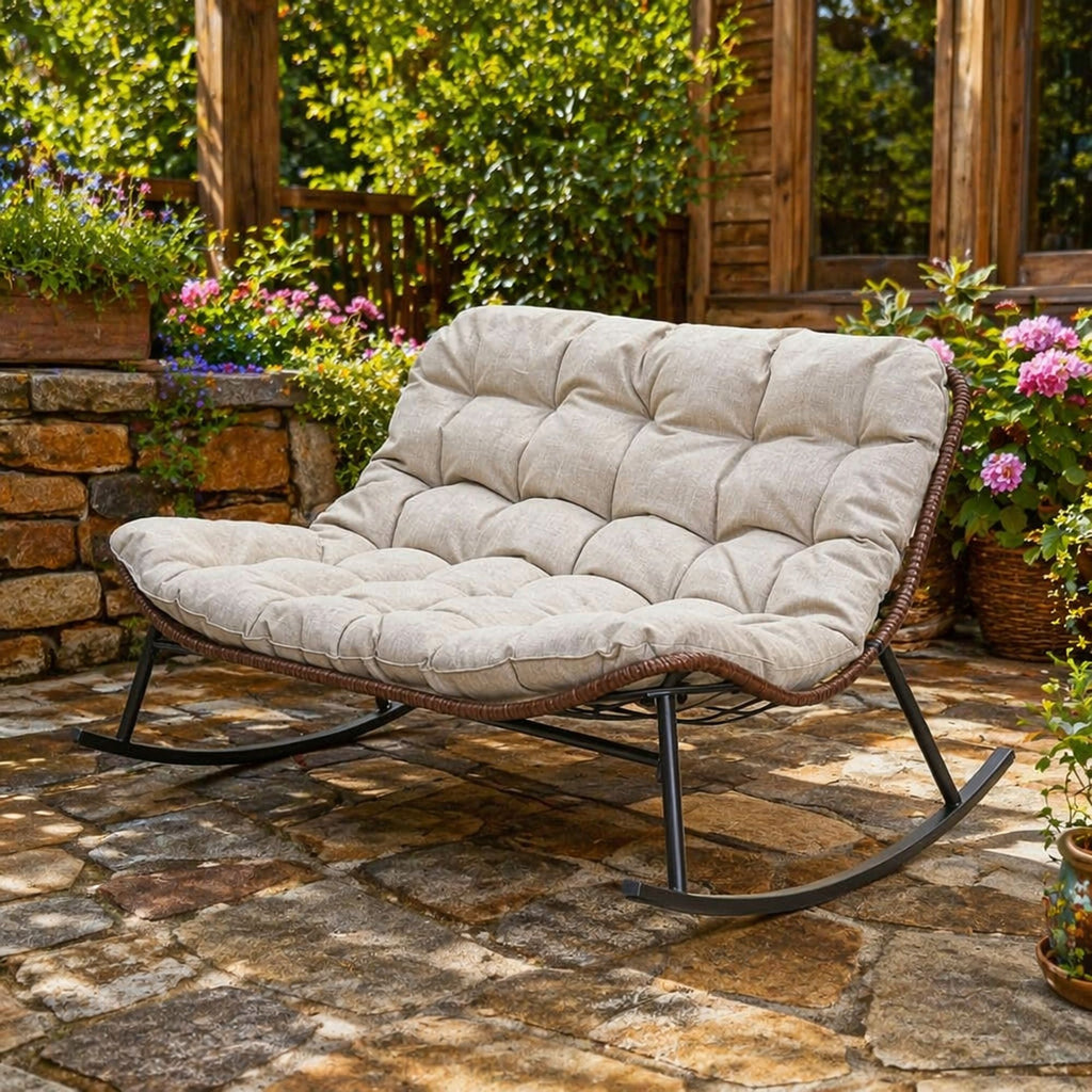 Double Wide Rocking Papasan Chair, 2 Person Outdoor Lounge Seating - Acacia Wood / Beige