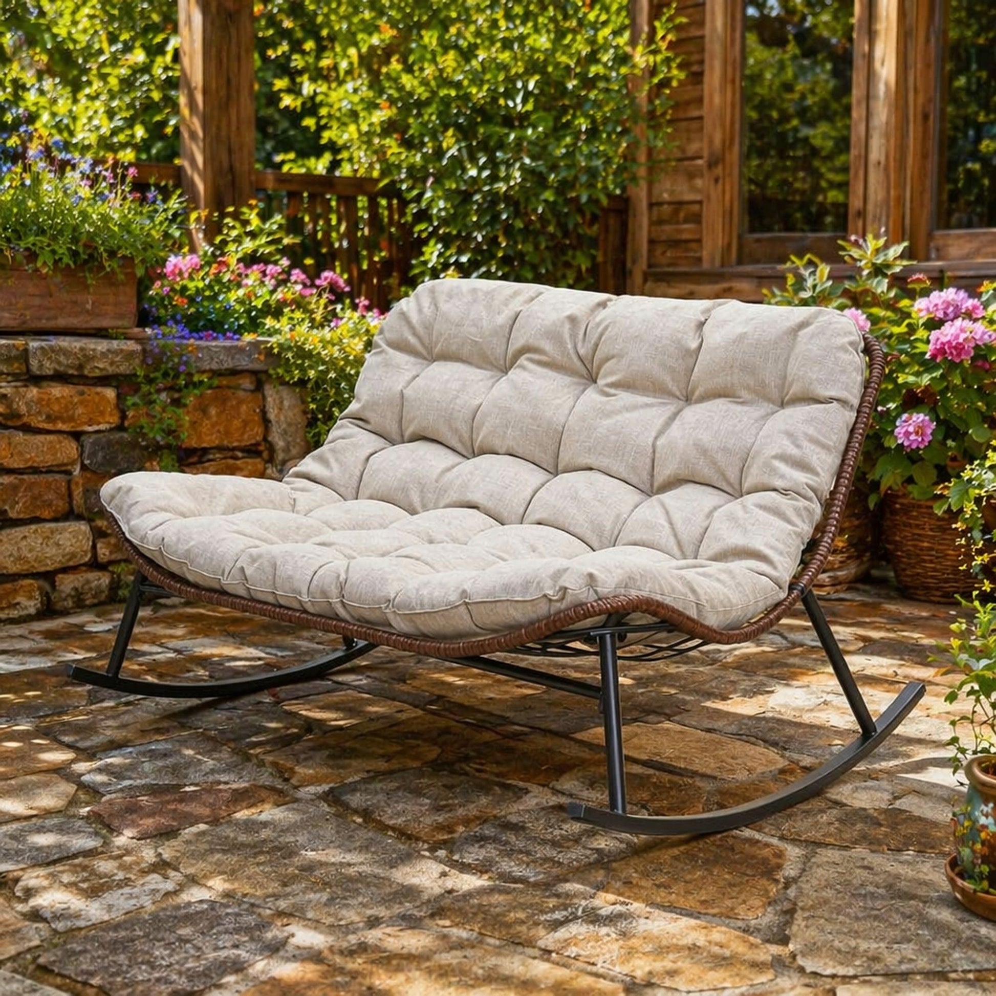 Double Wide Rocking Papasan Chair, 2 Person Outdoor Lounge Seating - Acacia Wood / Beige