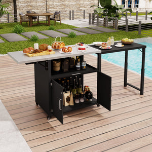 Versatile Outdoor Cabinet With Folding & Expandable Work Surfaces, Ample Storage Space, And Lockable Wheels - Matte Black