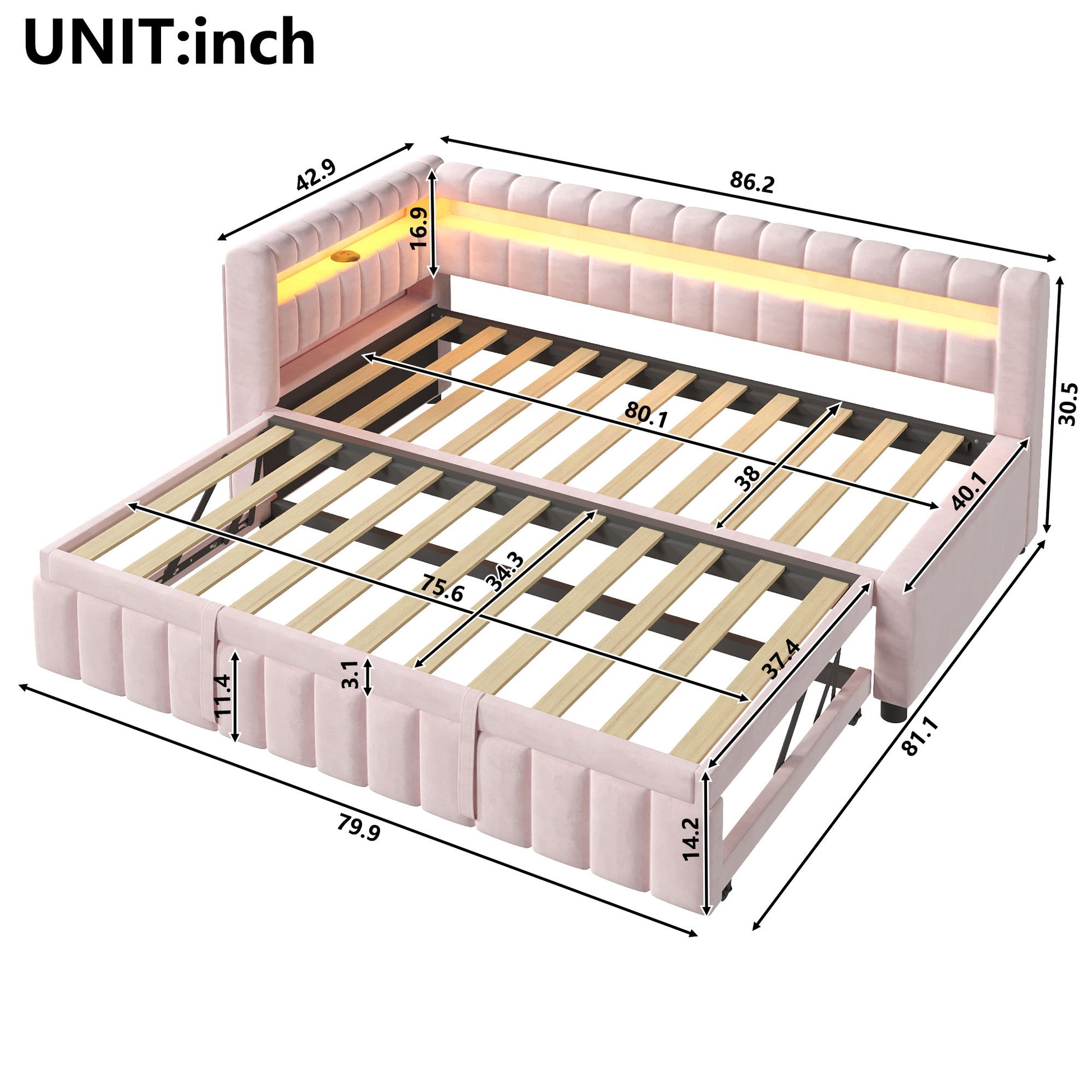 Upholstered Daybed With LED Lights, USB Charging, Pull Out Trundle Bed