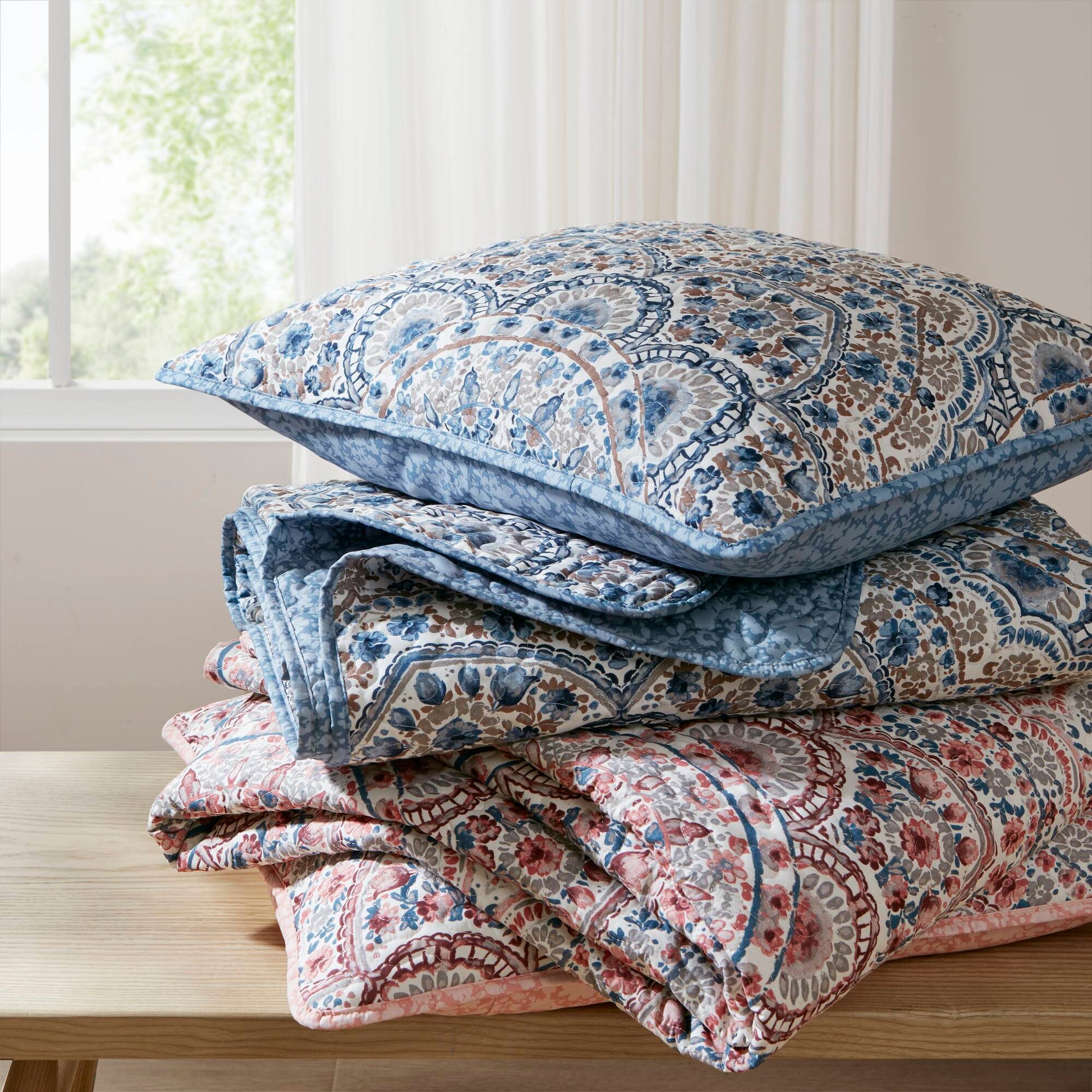 Valerie - Full/Queen Boho Floral Reversible Quilt - Blue