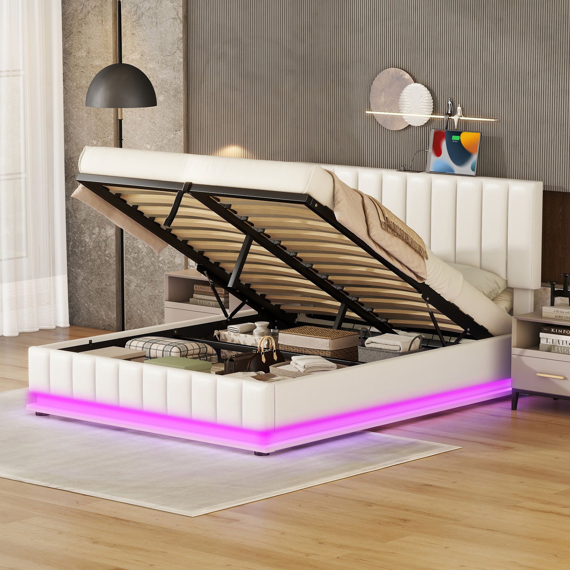 Upholstered Bed With Hydraulic Storage System And LED Light, With Sockets And USB Ports