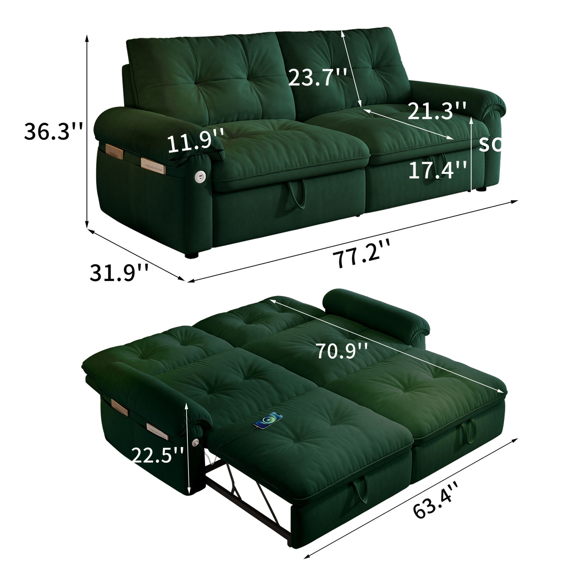 Cloud Like Convertible Sofa Bed For Living Rooms - Green